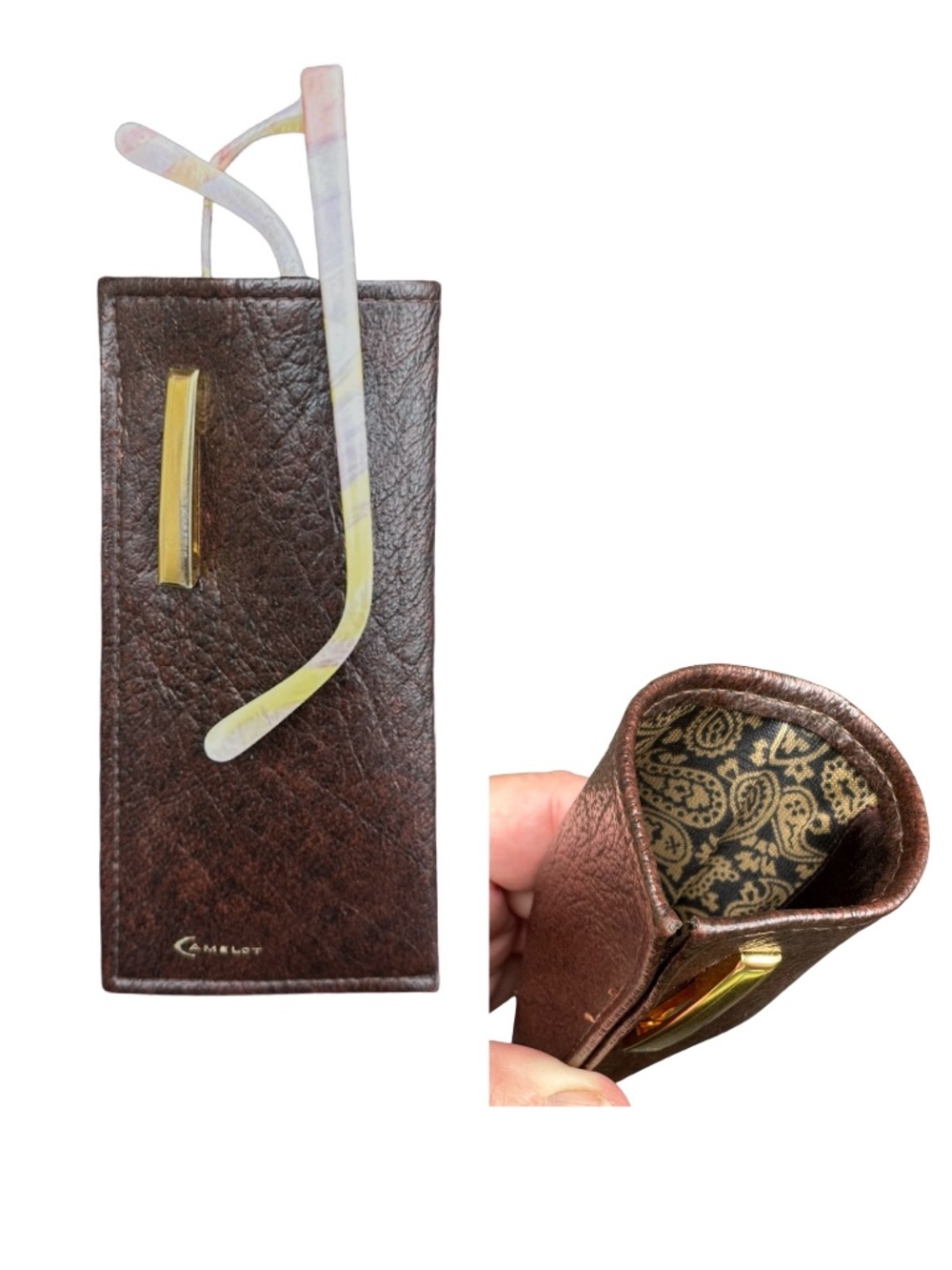 CAMELOT Brown Faux Leather Skinny Soft Slip-In Eyeglasses Case 6” Vintage